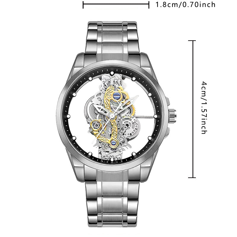 K-1822 Silver Steel Band Hot Fashion Business Double-sided Transparent Hollow Men's Quartz Watch
