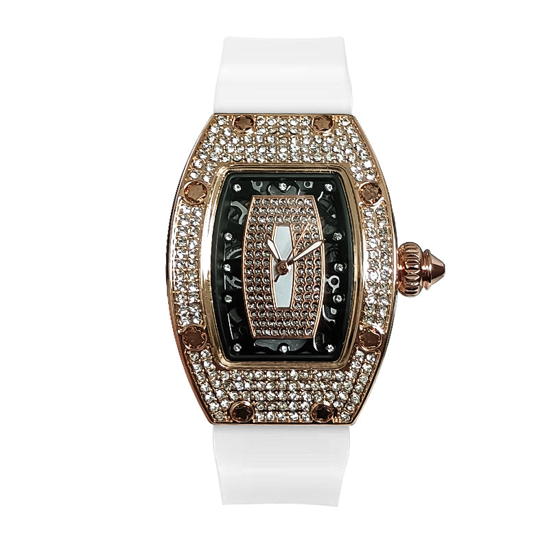New barrel-shaped diamond-studded fashion luxury women's quartz watch with rose gold alloy case and black silicone strap