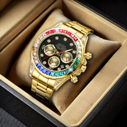 Luxury Gold Steel Band Rainbow Diamond Men's Quartz Watch with Calendar Waterproof Luminous