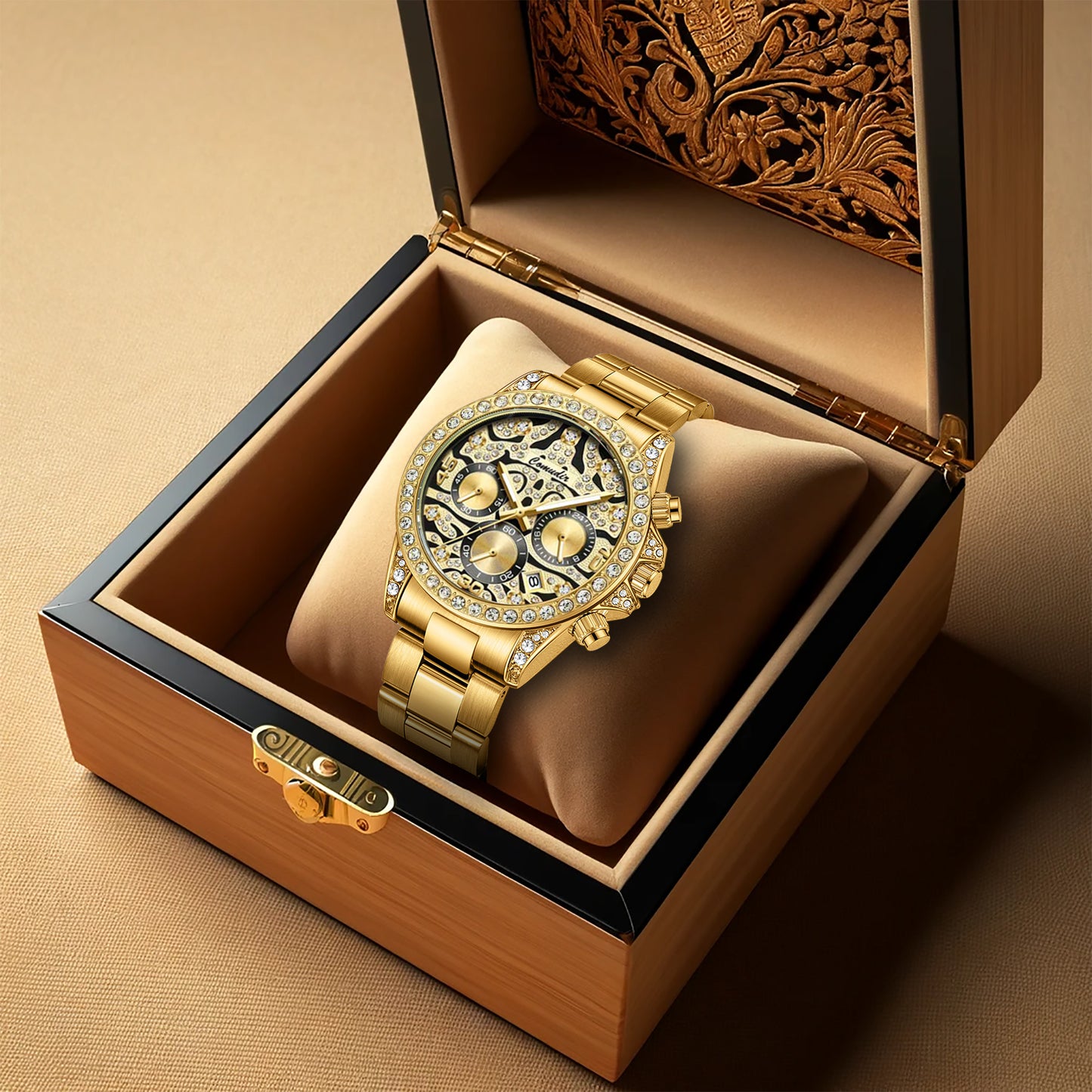 New luxury men's watch steel strap Fashion business gold tiger diamond multi-functional quartz watch