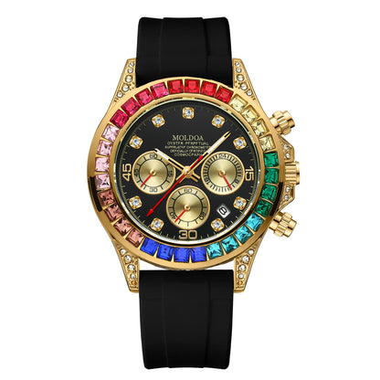 Men's Gold Alloy Rainbow Diamond Fashion Black Silicone Strap Multifunctional Quartz Watch