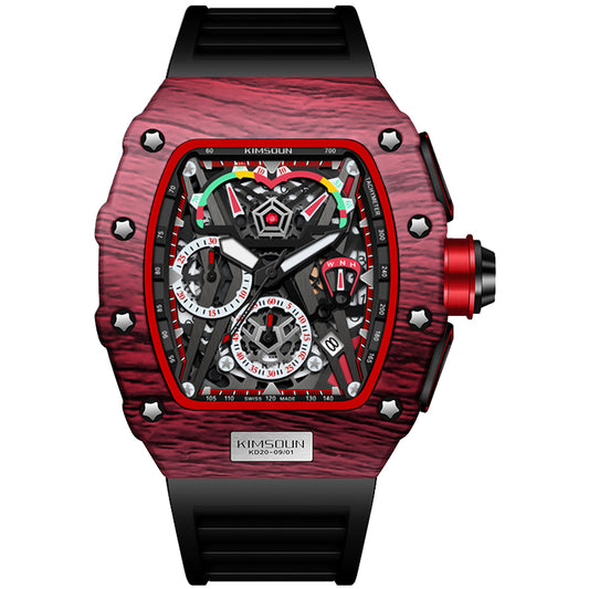 K-2013B Popular Multifunctional Barrel Shape Fashion Sports Watch Men's Calendar Quartz Watch Red Shell Black Belt