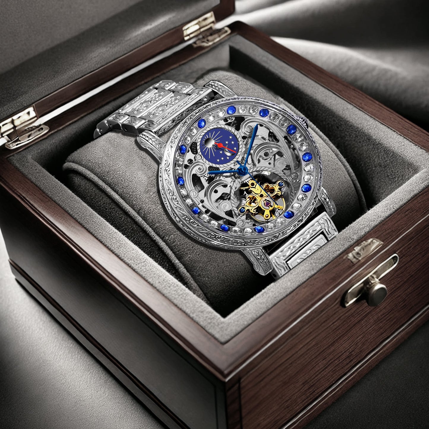 New silver engraved sun and moon phase automatic mechanical watch fashionable men's skeleton watch