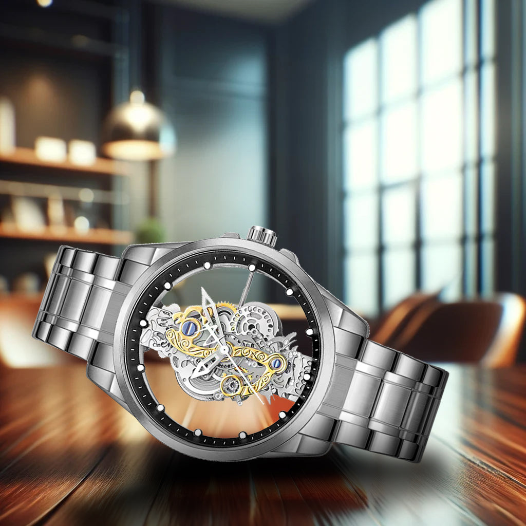 K-1822 Silver Steel Band Hot Fashion Business Double-sided Transparent Hollow Men's Quartz Watch