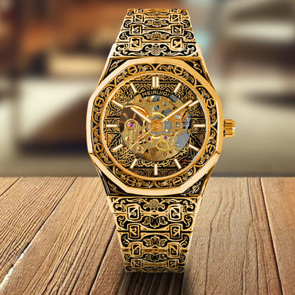 Luxury retro gold engraved pattern fully automatic mechanical watch fashion hollow luminous waterproof men's watch
