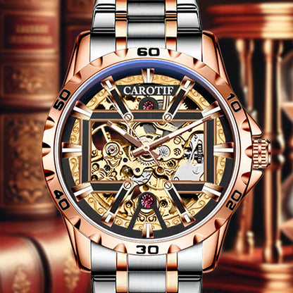New Men's Rose Gold Carved Pattern Fashion Hollow Fully Automatic Mechanical Watch Luminous Waterproof