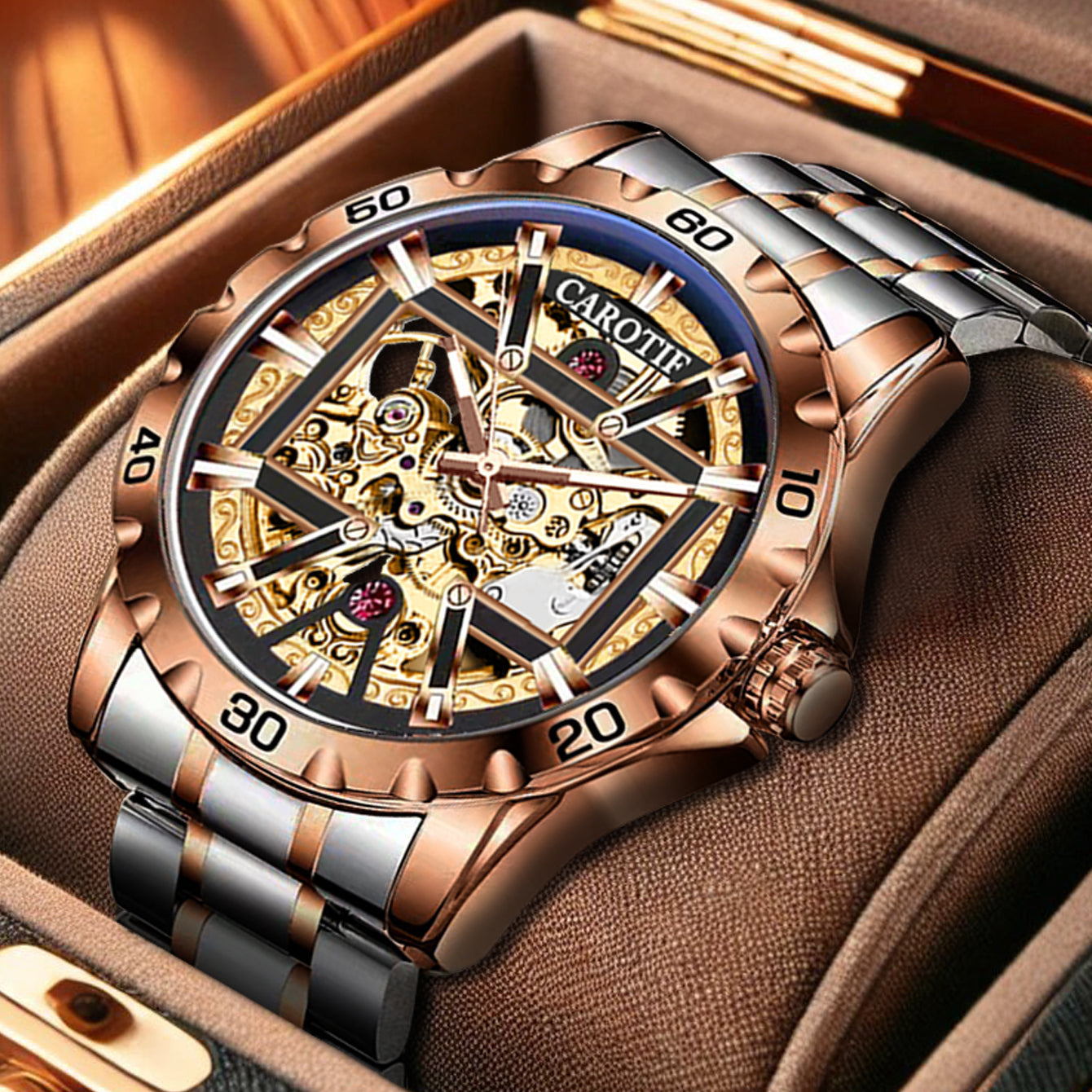 New Men's Rose Gold Carved Pattern Fashion Hollow Fully Automatic Mechanical Watch Luminous Waterproof