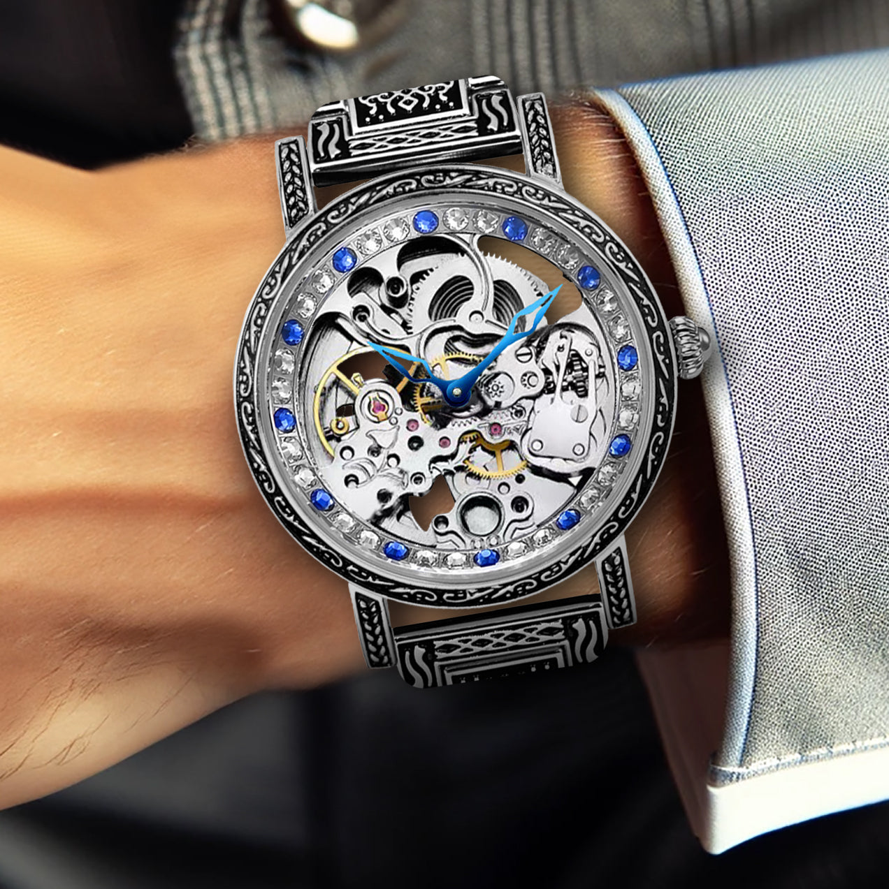 Retro Carving Automatic Mechanical Watch Men's Fashion Diamond Hollow Stainless Steel Waterproof Watch