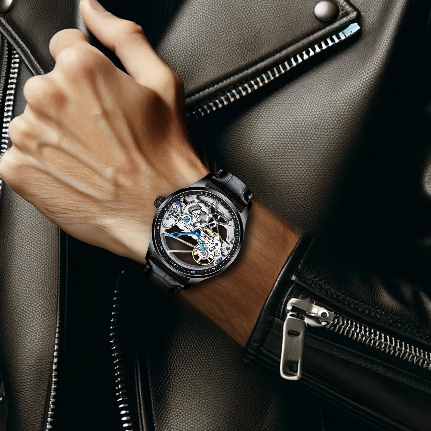 New Fashion Men's Watch Hollow Movement Leather Strap Fully Automatic Mechanical Watch
