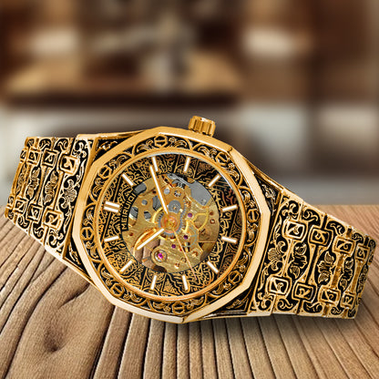 Luxury retro gold engraved pattern fully automatic mechanical watch fashion hollow luminous waterproof men's watch