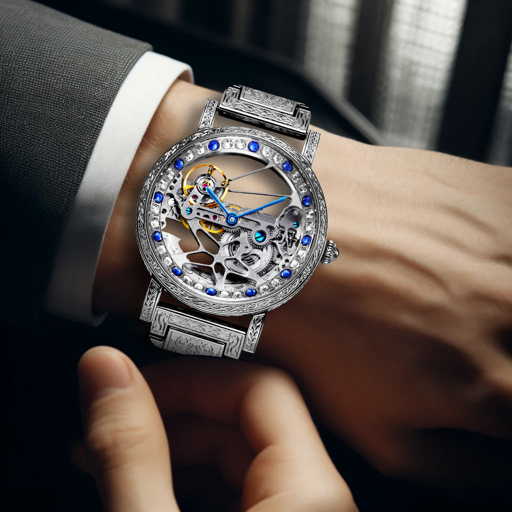 8625 New Luxury Men's Silver Stainless Steel Strap Carved Diamond Skeleton Fully Automatic Mechanical Watch