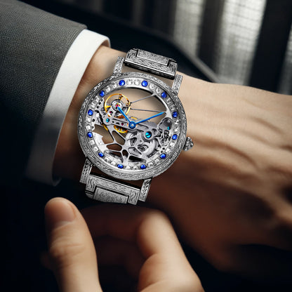 8625 New Luxury Men's Silver Stainless Steel Strap Carved Diamond Skeleton Fully Automatic Mechanical Watch