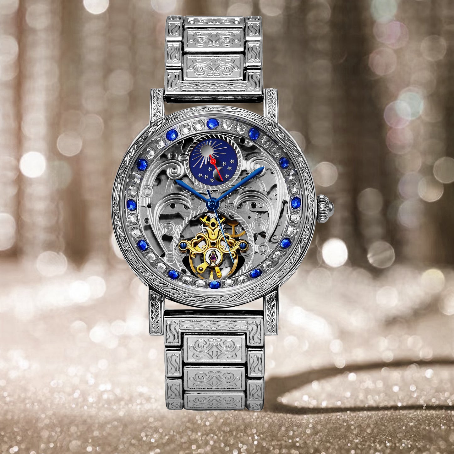 New silver engraved sun and moon phase automatic mechanical watch fashionable men's skeleton watch