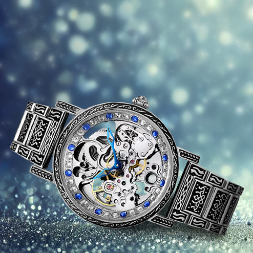 Retro Carving Automatic Mechanical Watch Men's Fashion Diamond Hollow Stainless Steel Waterproof Watch