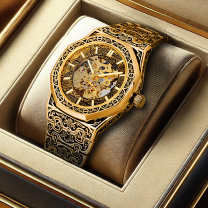 Luxury retro gold engraved pattern fully automatic mechanical watch fashion hollow luminous waterproof men's watch