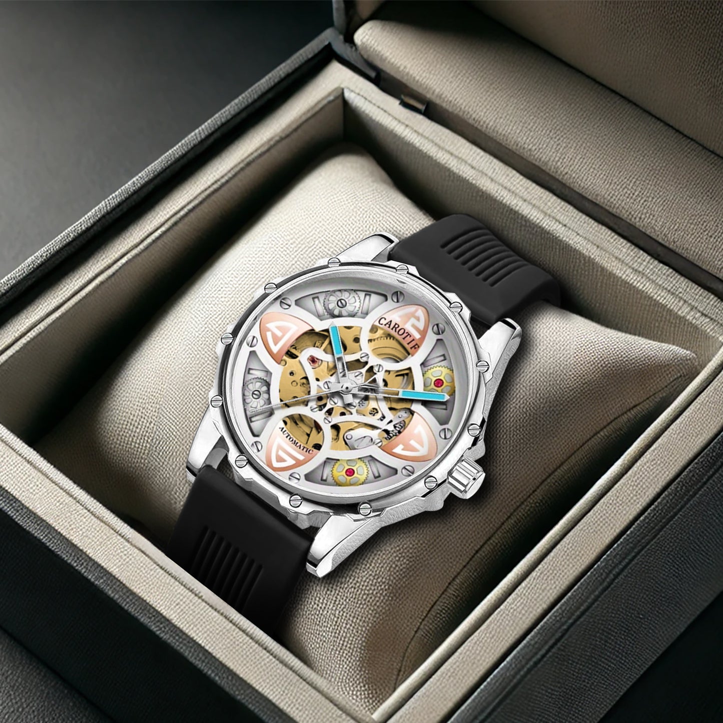 F-4 New Men's Fashion Clover Black Skeleton Mechanical Watch Glass Silicone Stainless Steel Tourbillon Watch Round Buckle