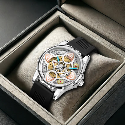 F-4 New Men's Fashion Clover Black Skeleton Mechanical Watch Glass Silicone Stainless Steel Tourbillon Watch Round Buckle