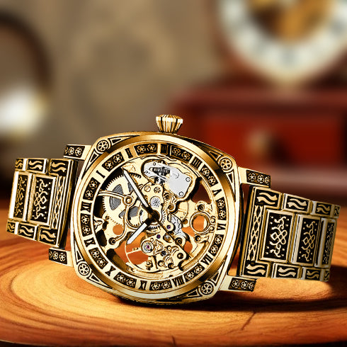 8837 New Luxury Automatic Mechanical Watch Gold Retro Carved Steel Band Men's Watches with Waterproof Luminous Hands