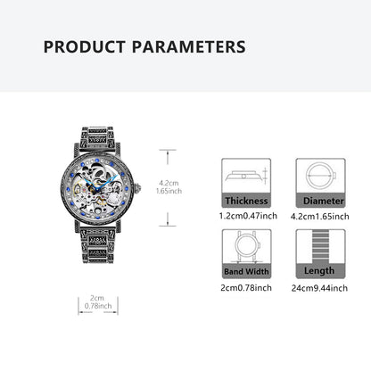 Retro Carving Automatic Mechanical Watch Men's Fashion Diamond Hollow Stainless Steel Waterproof Watch