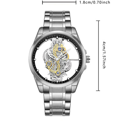 K-1822 Silver Steel Band Hot Fashion Business Double-sided Transparent Hollow Men's Quartz Watch