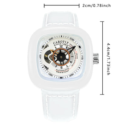 1003 New Men's Fashion White Leather Belt Square Hollow Waterproof Fully Automatic Mechanical Watch