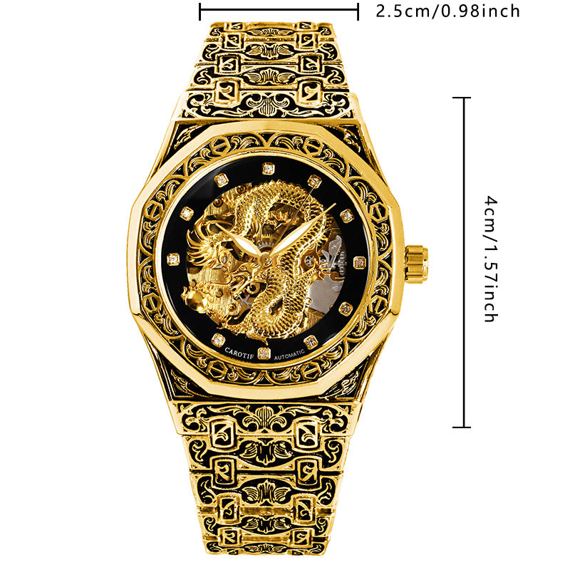 CAROTIF men's automatic mechanical watches gold retro carved watch luxury waterproof luminous wrist watch with steel band