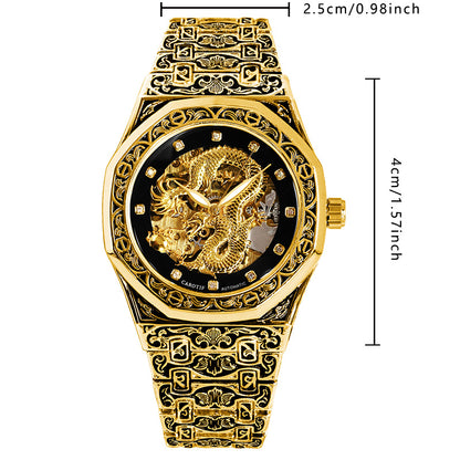 CAROTIF men's automatic mechanical watches gold retro carved watch luxury waterproof luminous wrist watch with steel band