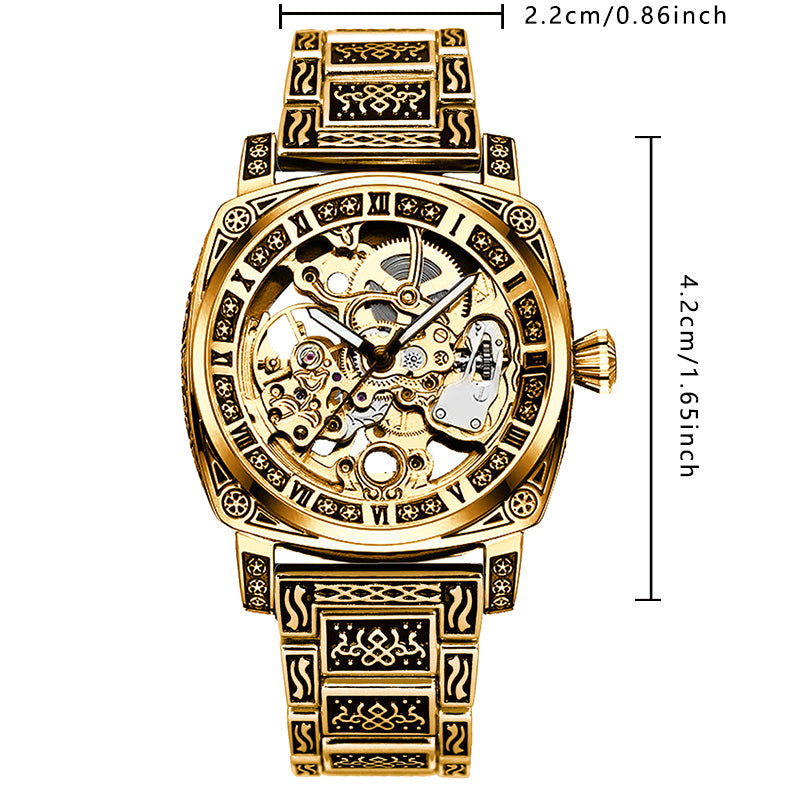 8837 New Luxury Automatic Mechanical Watch Gold Retro Carved Steel Band Men's Watches with Waterproof Luminous Hands