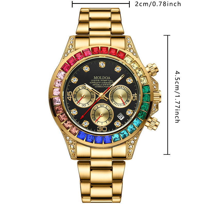 Luxury Gold Steel Band Rainbow Diamond Men's Quartz Watch with Calendar Waterproof Luminous