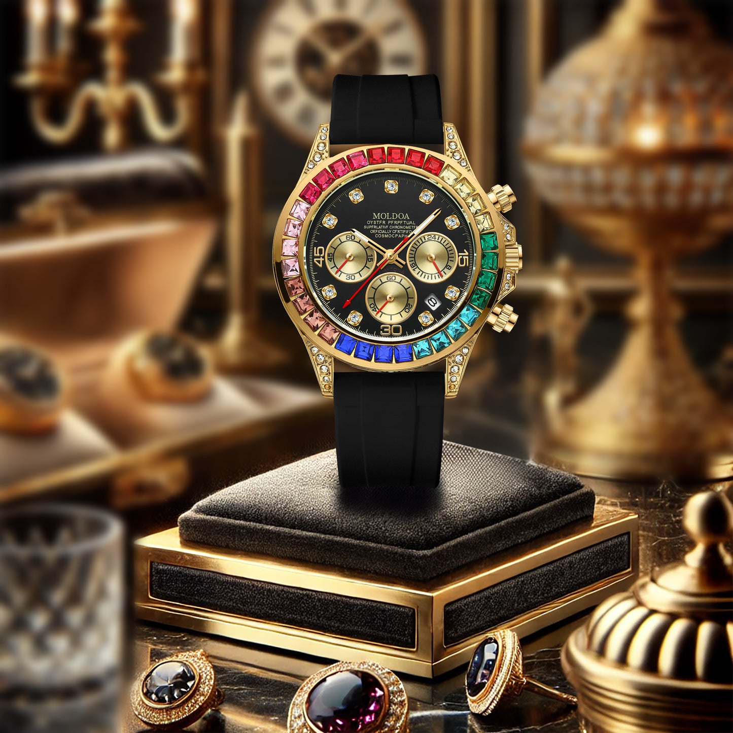 Men's Gold Alloy Rainbow Diamond Fashion Black Silicone Strap Multifunctional Quartz Watch