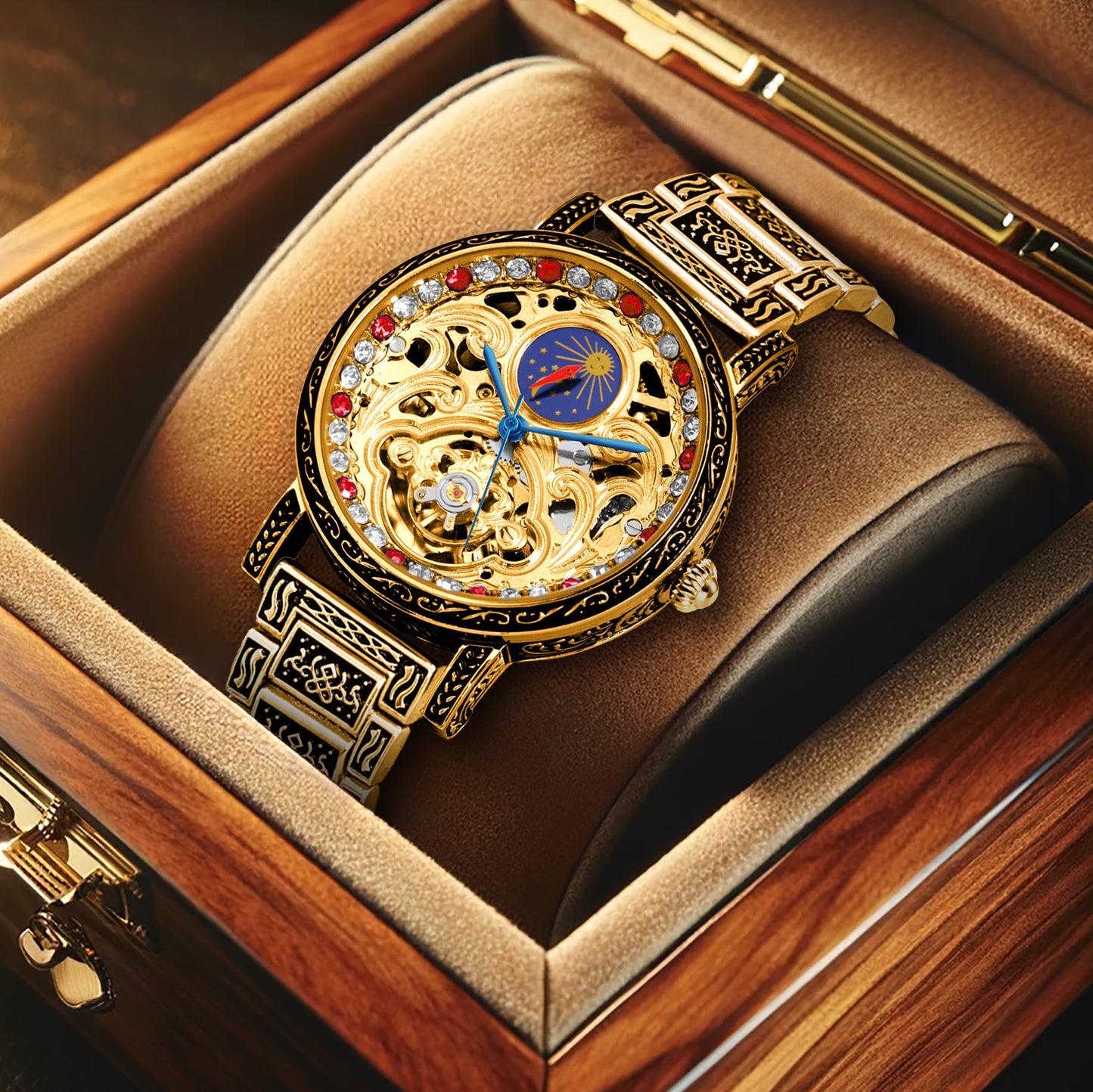 Luxury gold retro carved automatic mechanical watch for men fashion red diamond skeleton dial tourbillon watch