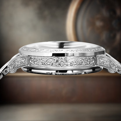 New silver engraved sun and moon phase automatic mechanical watch fashionable men's skeleton watch