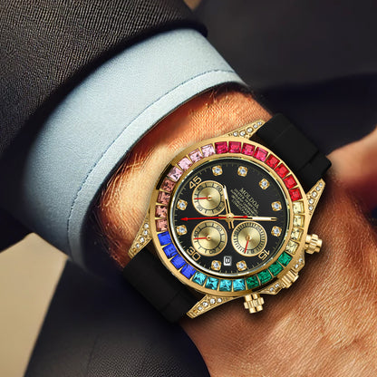 Men's Gold Alloy Rainbow Diamond Fashion Black Silicone Strap Multifunctional Quartz Watch