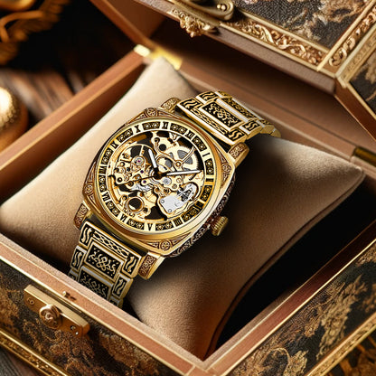 8837 New Luxury Automatic Mechanical Watch Gold Retro Carved Steel Band Men's Watches with Waterproof Luminous Hands