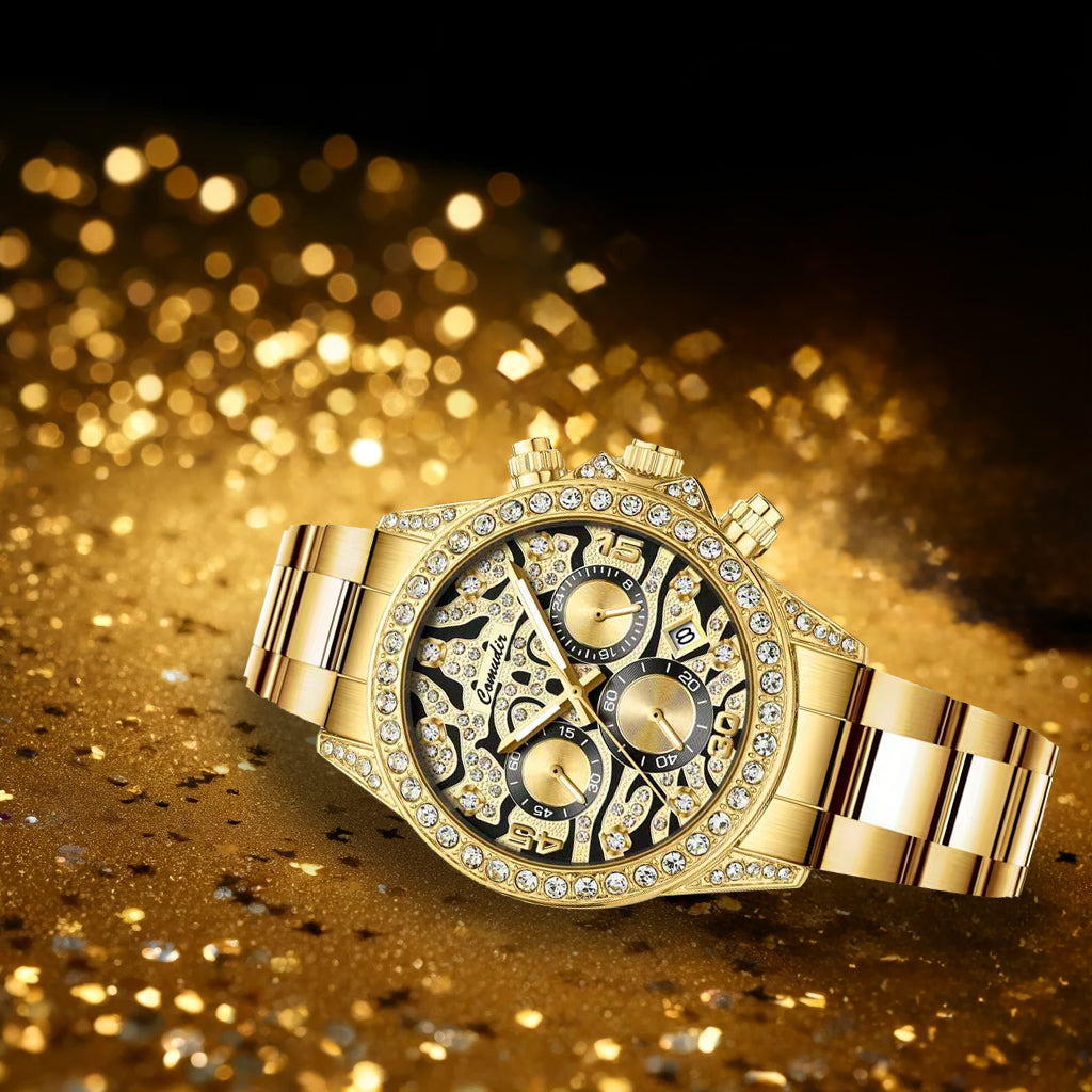 New luxury men's watch steel strap Fashion business gold tiger diamond multi-functional quartz watch
