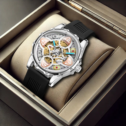 F-4 New Men's Fashion Clover Black Skeleton Mechanical Watch Glass Silicone Stainless Steel Tourbillon Watch Round Buckle
