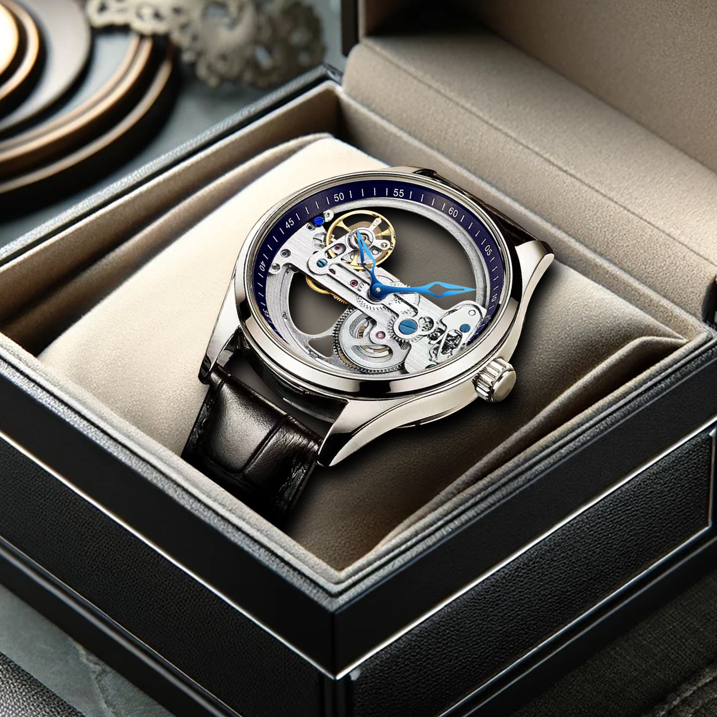 New automatic mechanical watch for men fashion Leather Strap tourbillon hollow watch