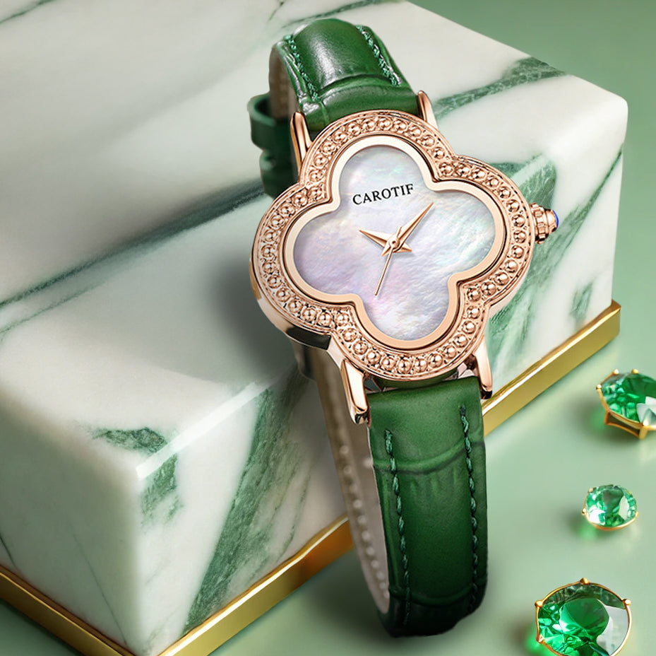 Fashion Quartz Watches Women Creative Watch Leather Strap Women's Four Leaf Clover Wristwatch with Waterproof