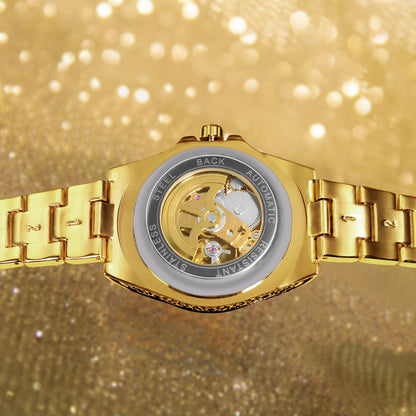 New Men's Fashion Casual Hollow Retro Carved Gold and Blue Fully Automatic Mechanical Watch