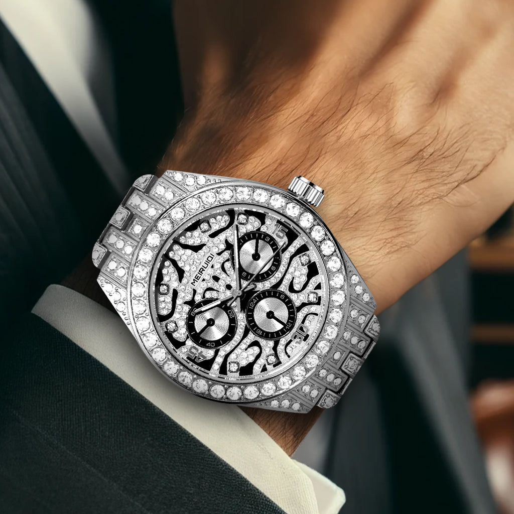MEIRUIQI new silver diamond three-eye tiger dial fashion men's quartz watch