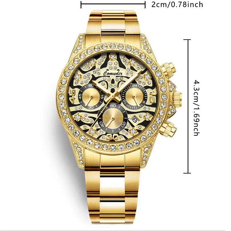 New luxury men's watch steel strap Fashion business gold tiger diamond multi-functional quartz watch