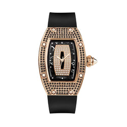 New barrel-shaped diamond-studded fashion luxury women's quartz watch with rose gold alloy case and black silicone strap