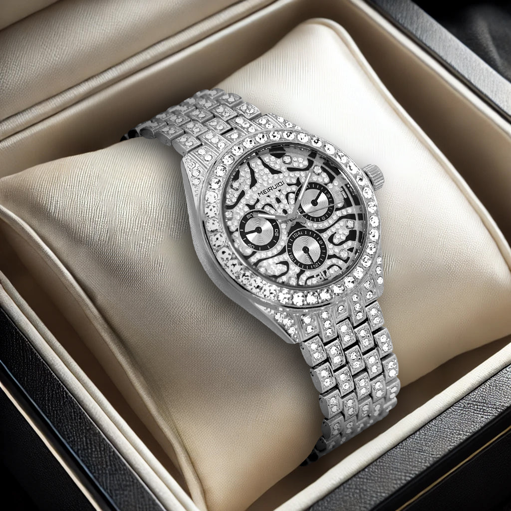 MEIRUIQI new silver diamond three-eye tiger dial fashion men's quartz watch