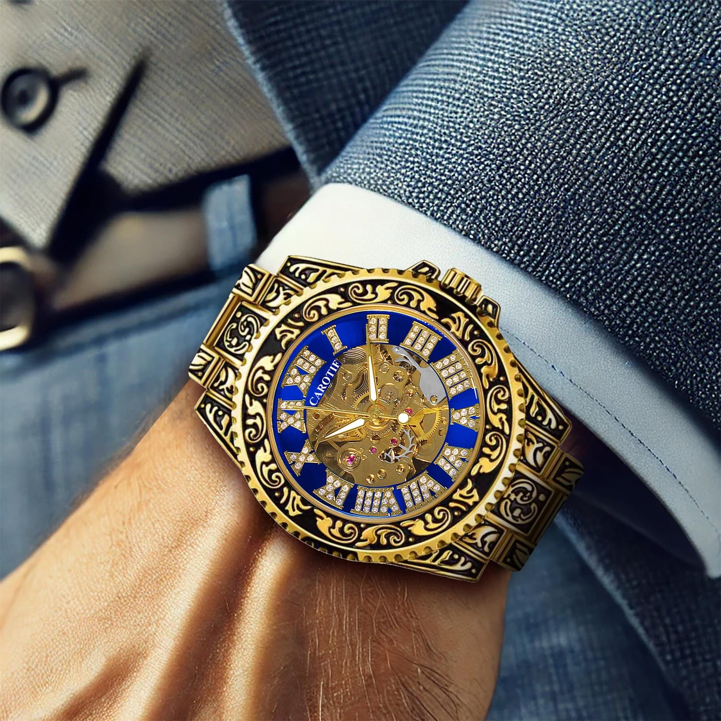 New Men's Fashion Casual Hollow Retro Carved Gold and Blue Fully Automatic Mechanical Watch
