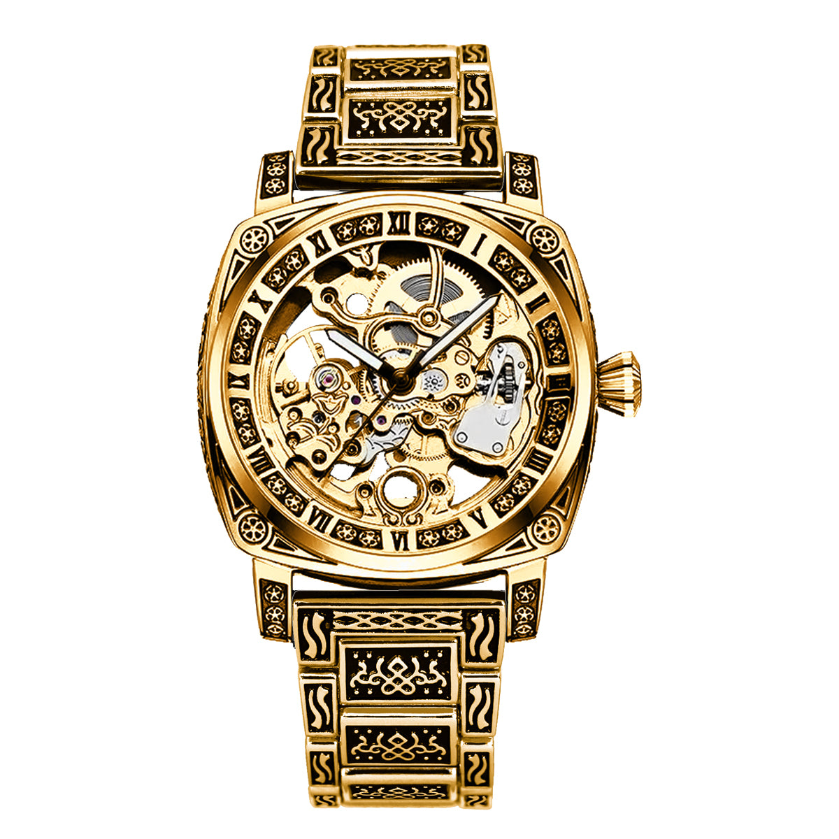 8837 New Luxury Automatic Mechanical Watch Gold Retro Carved Steel Band Men's Watches with Waterproof Luminous Hands