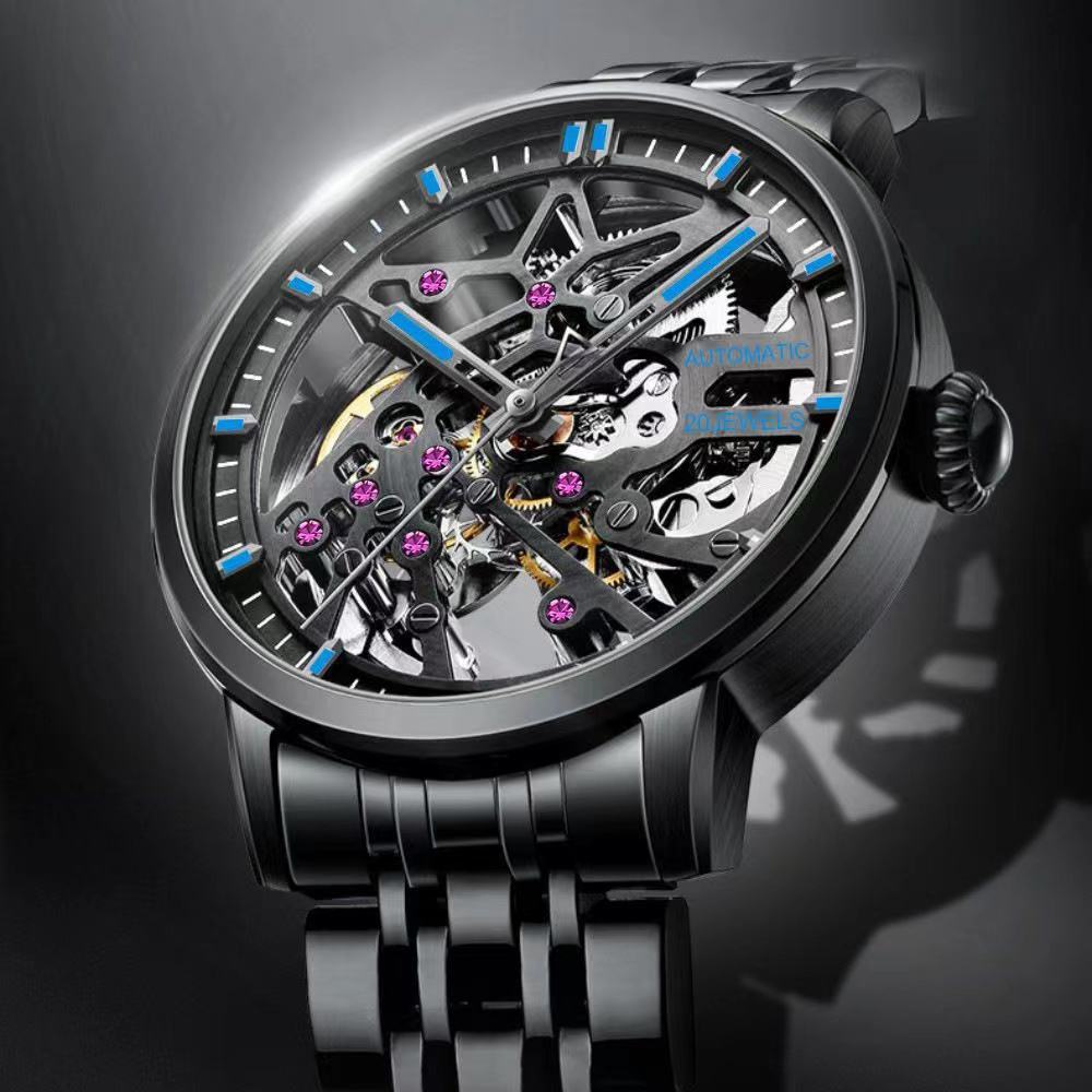 326 New Fashion Men's Black Skeleton Fully Automatic Mechanical Watch