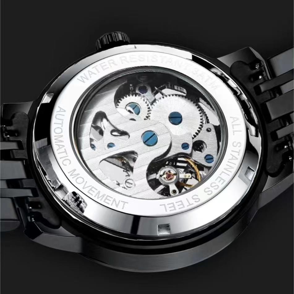 326 New Fashion Men's Black Skeleton Fully Automatic Mechanical Watch
