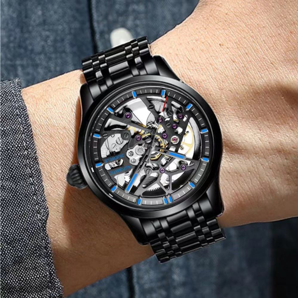 326 New Fashion Men's Black Skeleton Fully Automatic Mechanical Watch
