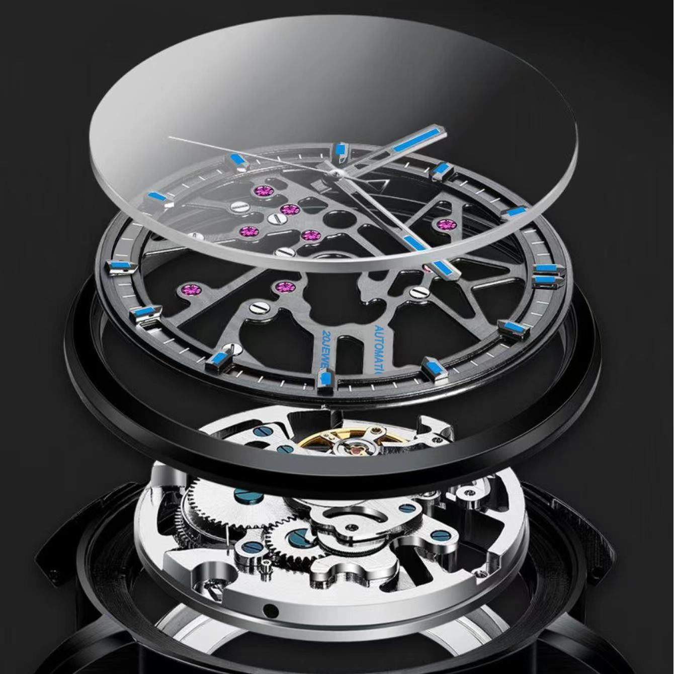 326 New Fashion Men's Black Skeleton Fully Automatic Mechanical Watch