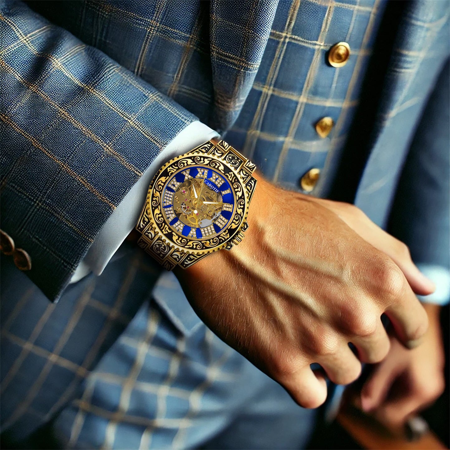 New Men's Fashion Casual Hollow Retro Carved Gold and Blue Fully Automatic Mechanical Watch